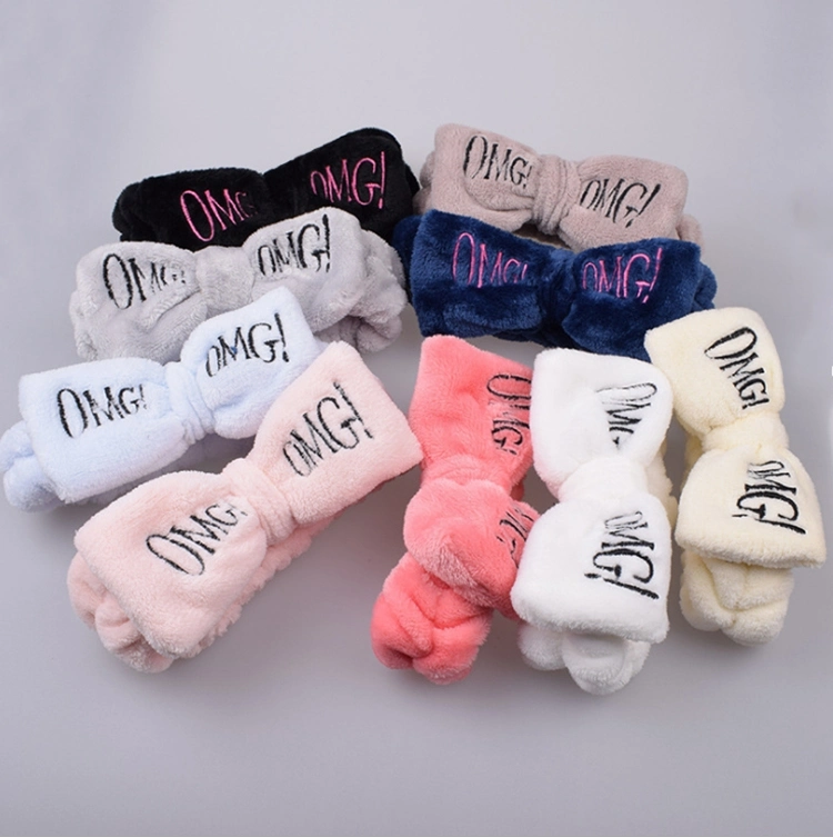 Wholesale Girls Cute Face Washing Plush Hairband Omg Letters Bow Coral Fleece Headband Makeup Turban Women Hair Accessories